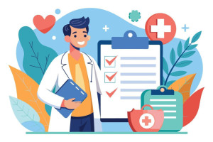 a-cartoon-doctor-is-smiling-while-holding-a-clipboard-which-has-a-completed-checklist-there-are-other-medical-supplies-in-the-background-free-vector